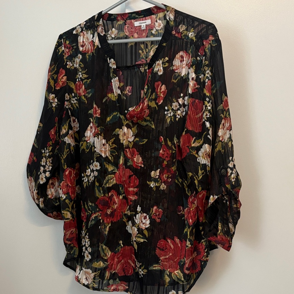 Maurices Black Sheer Floral V-Neck Blouse with Red Roses